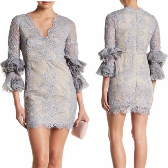 Few Moda Jansen Lace Mini Dress Ruffle Long Sleeve Back Zip Gray XS New - Picture 1 of 5